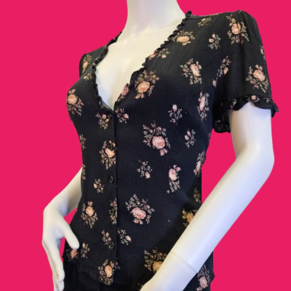 Black Floral V-Neck Medium Reformation Blouse